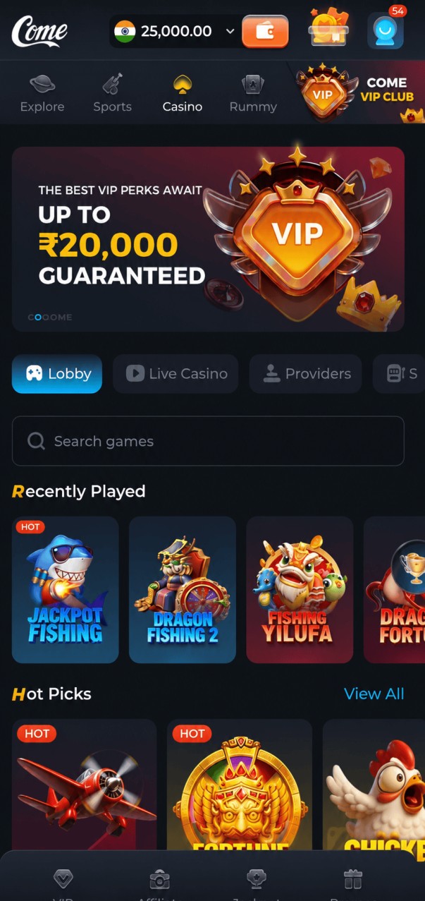 Come APK app screenshot showing the Come Game lobby on an Android phone